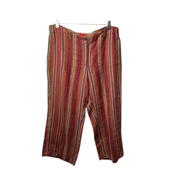 Isda & Co Linen Cropped Pants Earthy Striped Wide Leg SZ 12 Mid Rise Flat Front - Picture 1 of 8